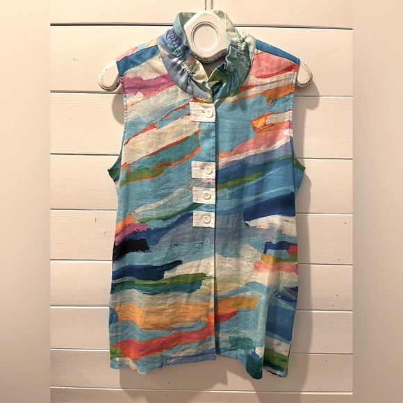 CLAIRE DESJARDINS - Sleeveless Artistic Print Top - Size L - Picture 1 of 10